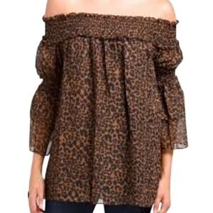 Max Studio -610 NWT Leopard Print‎ Off Shoulder Chiffon Ruffle Top Womens Size S